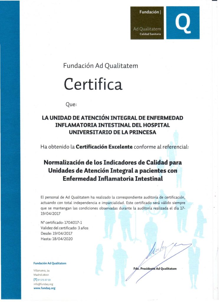 Certificado de Calidad de la Fundación Ad Qualitatem concedido a la Unidad de Enfermedad Inflamatoria Intestinal del Hospital Universitario de La Princesa en mayo de 2017