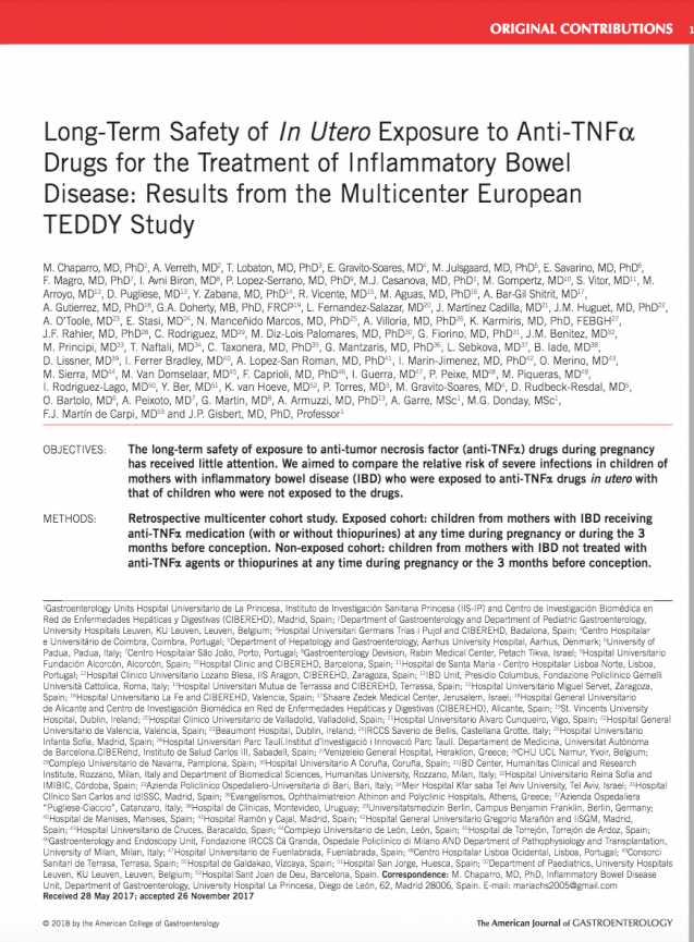 Seguridad a largo plazo de la exposición intrauterina a fármacos anti- TNF para el tratamiento de la EII: Estudio Multicéntrico Europeo Teddy